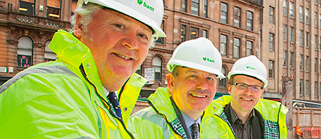 John Burke, Executive Director, BAM Construct UK, Bill Drummond, Managing Partner, Brodies and Michael Smart, Development Director, Scotland & North England BAM Properties Ltd survey building work at 110 Queen Street.