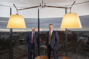 WSP Parsons Brinckerhoff UK Chief Operating Officer Mark Naysmith with Glasgow Director Pete Dunbar at the opening of their new office on 110 Queen Street, Glasgow today. Mark Naysmith is based at the firm's Edinburgh office. Picture by Chris James 7/12/15