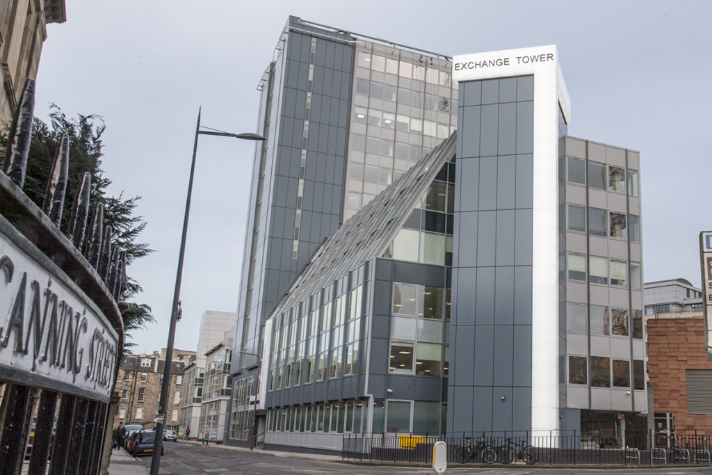 Exterior shot of Exchange Tower with signage