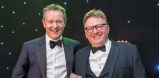Mike Wilson, Mearns & Gill, present the award for Best Large Trades Business to Ewan Riddoch, Managing Director, WM Donald at Trades Awards 2023.