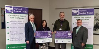 The Highland Trusted Trader launch event. L-R: David MacKenzie (Trading Standards Manager); Councillor Morven Reid (Vice-Chair of the Corporate Resources Committee); Councillor Paul Oldham (Chair of the Corporate Resources Committee); Mark McGinty (Trading Standards Team Leader).