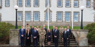 Representatives of the DEO Army Programme, DIO, 51 Brigade and GRAHAM gathered outside Sandhurst Block at Dreghorn Bks, Edinburgh. Crown Copyright.