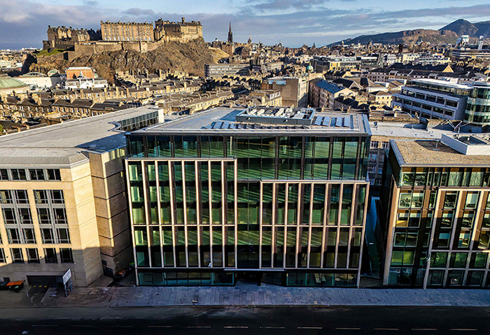 Edinburgh office building with castle in background