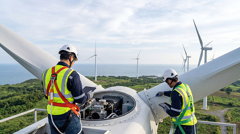 Engineers inspecting wind turbine components