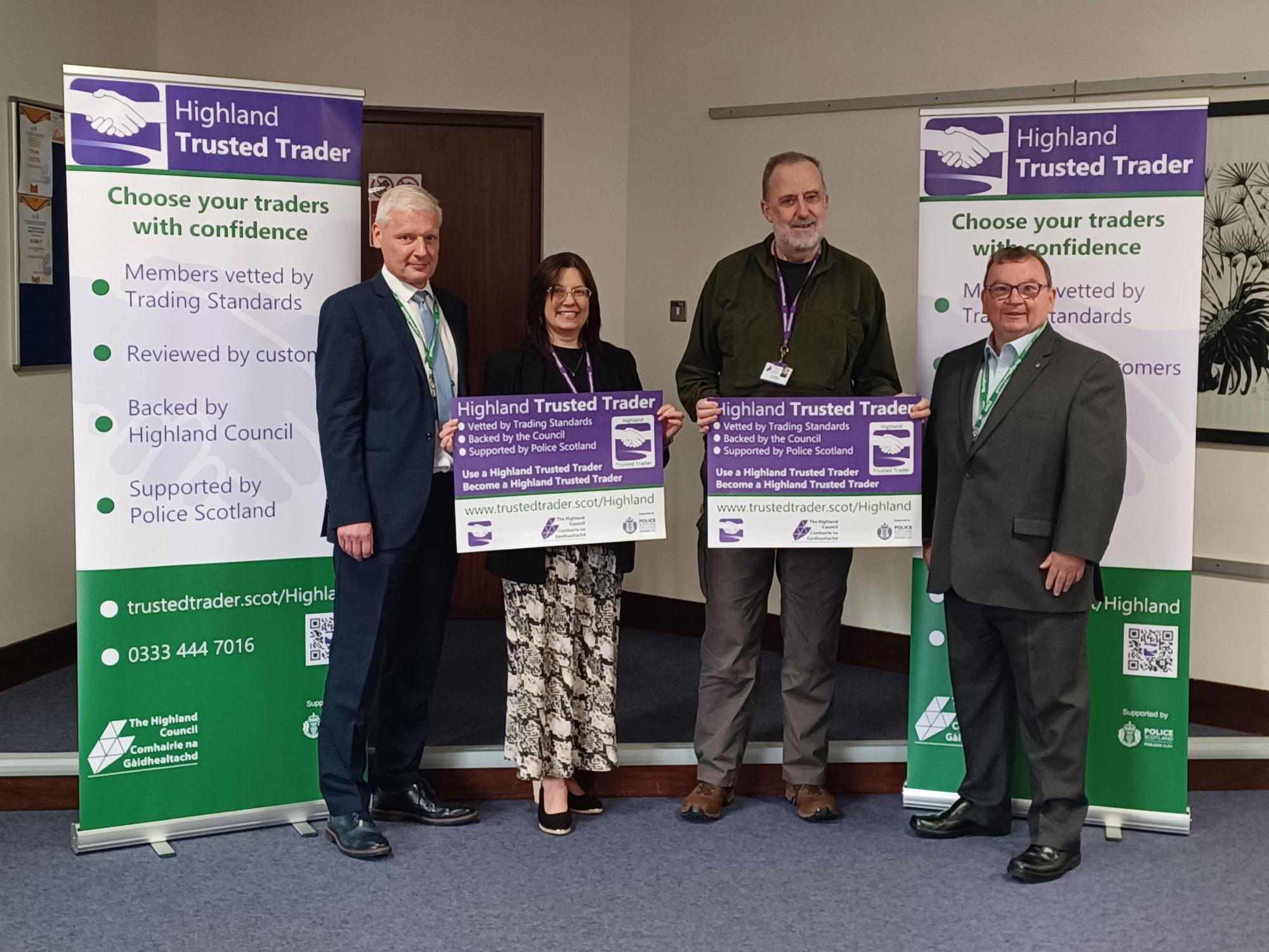 The Highland Trusted Trader launch event.  L-R:  David MacKenzie (Trading Standards Manager); Councillor Morven Reid (Vice-Chair of the Corporate Resources Committee); Councillor Paul Oldham (Chair of the Corporate Resources Committee); Mark McGinty (Trading Standards Team Leader).
