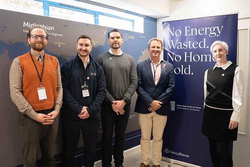 L-R: Ben Carter (account director, Vattenfall); OCS operations manager Martin Abercromby; ETA co-founder Andrew Lamond; Simon Kerr (SAV head of heat networks, Scotland & NI); and Midlothian Council head of development Fiona Clandillon