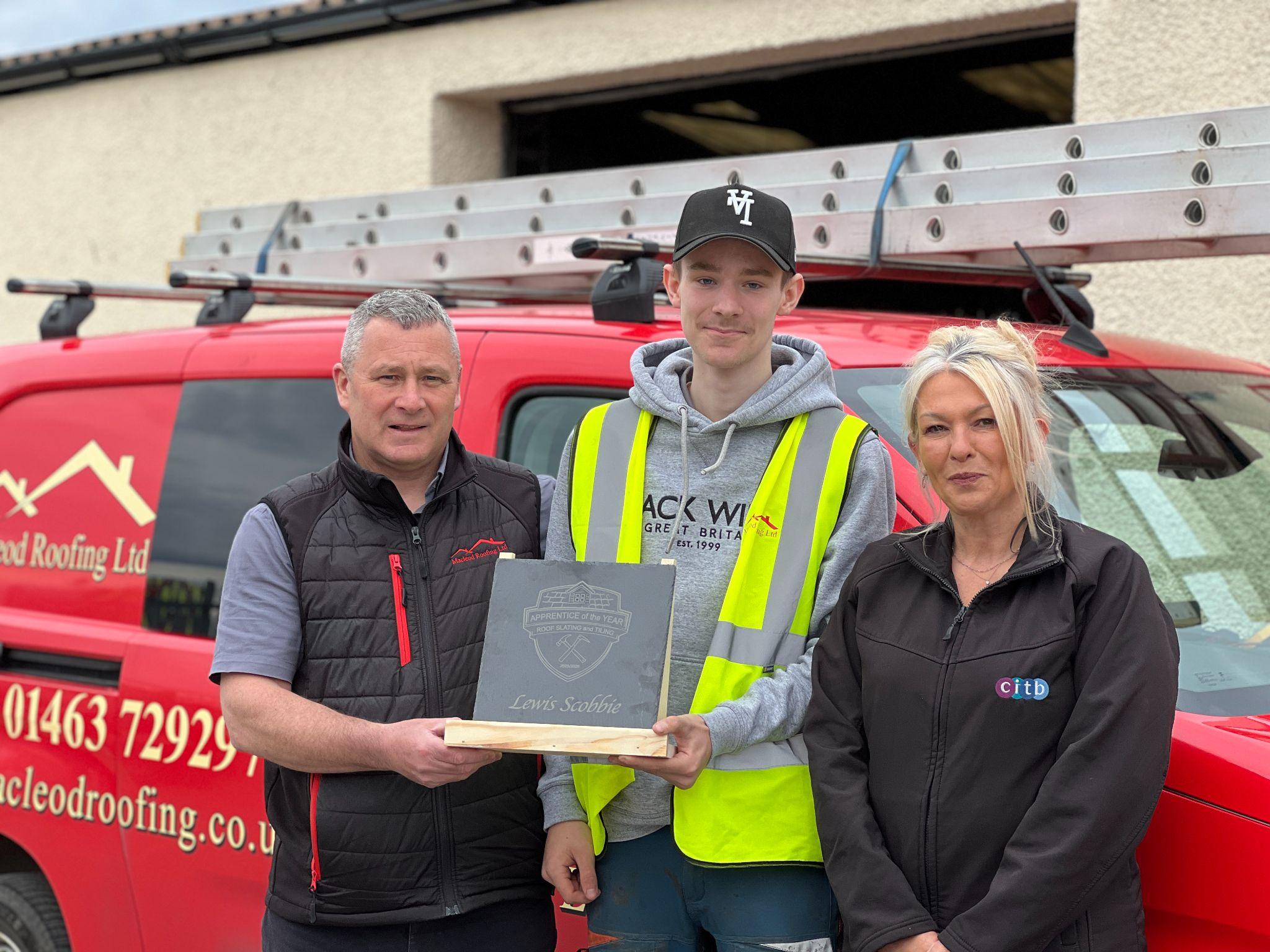 Alan Campbell, Operations Manager at Macleod Roofing, with Apprentice of the Year winner Lewis Scobbie and Gillian McKenzie, Apprenticeship Development Officer at CITB